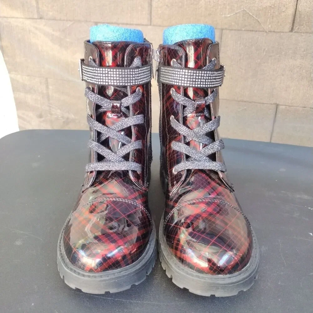 Jessica Simpson Rain Combat Boots Plaid Patent Zip Sides Kids Size 5 Black Red